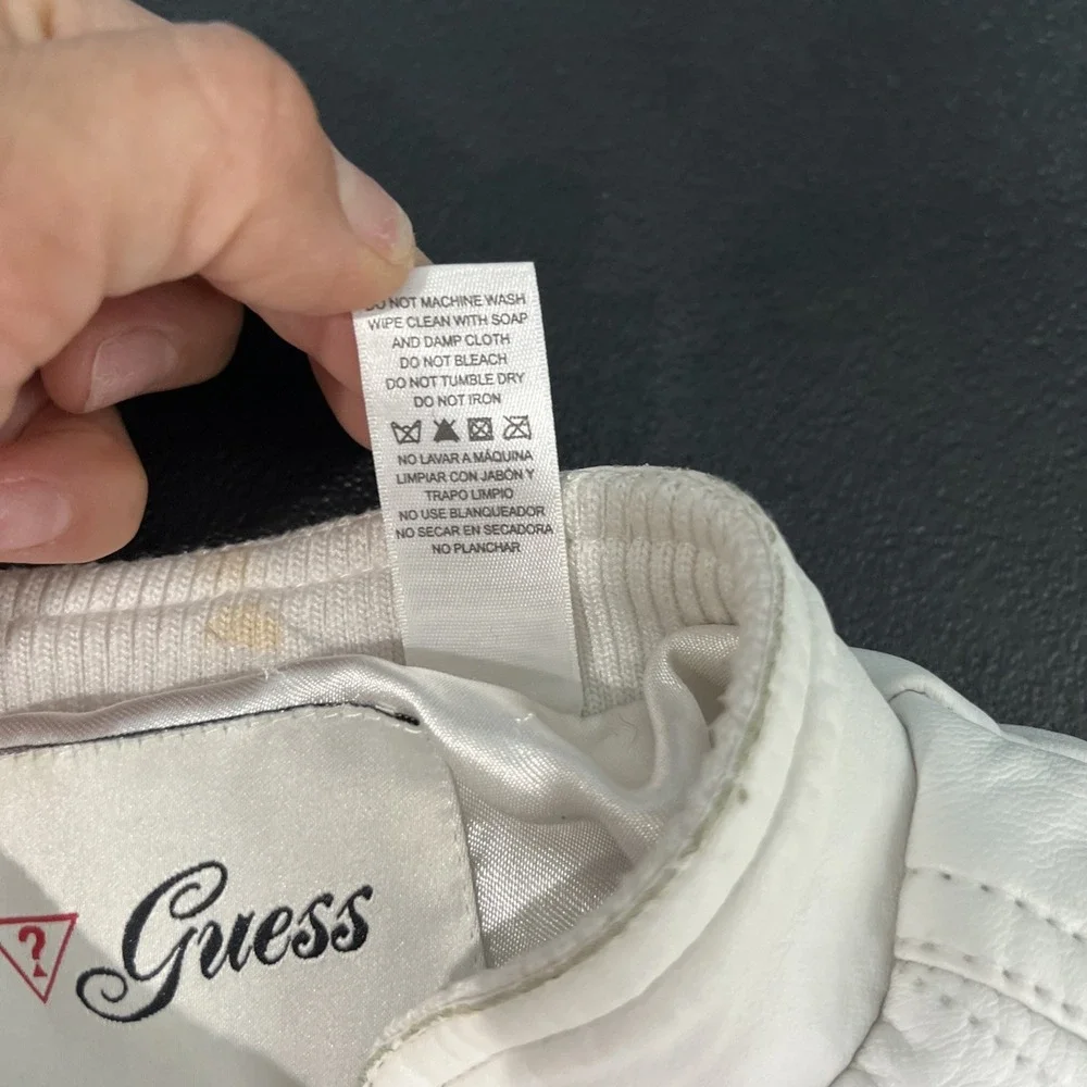 Guess Jacket Girls 4 White‎ Faux Leather Quilted Moto Rhinestone Logo Gold Zip